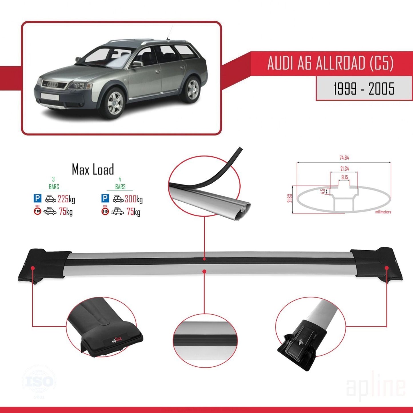 Compatible avec A6 (C5) Allroad 1999-2005 FLY Model Barres de Toit Railing Porte-Bagages de Voiture Gris Aluminium 3 Barres