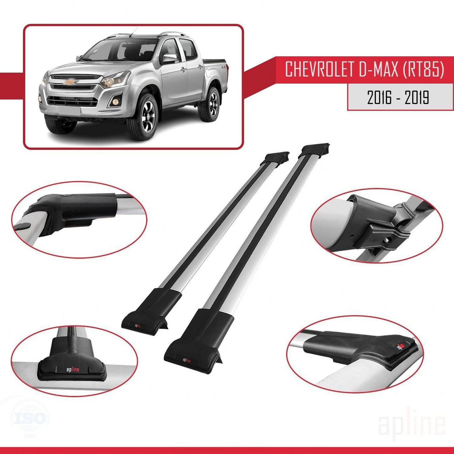 Kompatibel mit Chevrolet D-Max (RT85) 2016-2019 FLY Modell Dachgepäckträger, graues Aluminium, 2 Stangen