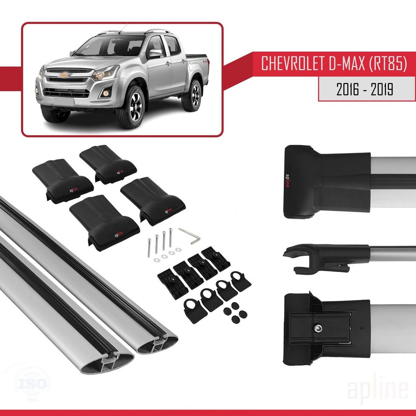 Kompatibel mit Chevrolet D-Max (RT85) 2016-2019 FLY Modell Dachgepäckträger, graues Aluminium, 2 Stangen