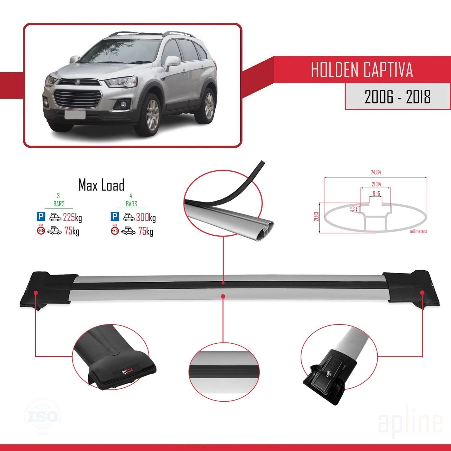 Kompatibel mit Holden Captiva 2006-2018 FLY Modell Dachgepäckträger, graues Aluminium, 3 Stangen