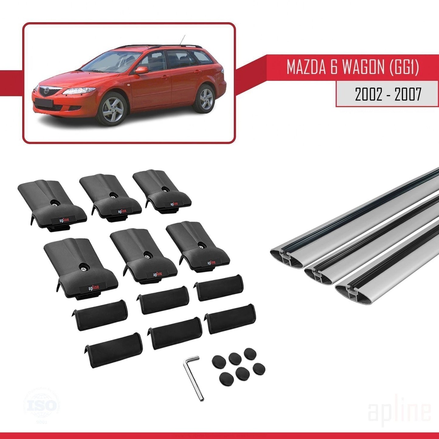 Compatible avec Mazda 6 I (GG1) 2002-2007 FLY Model Barres de Toit Railing Porte-Bagages de Voiture Gris Aluminium 3 Barres