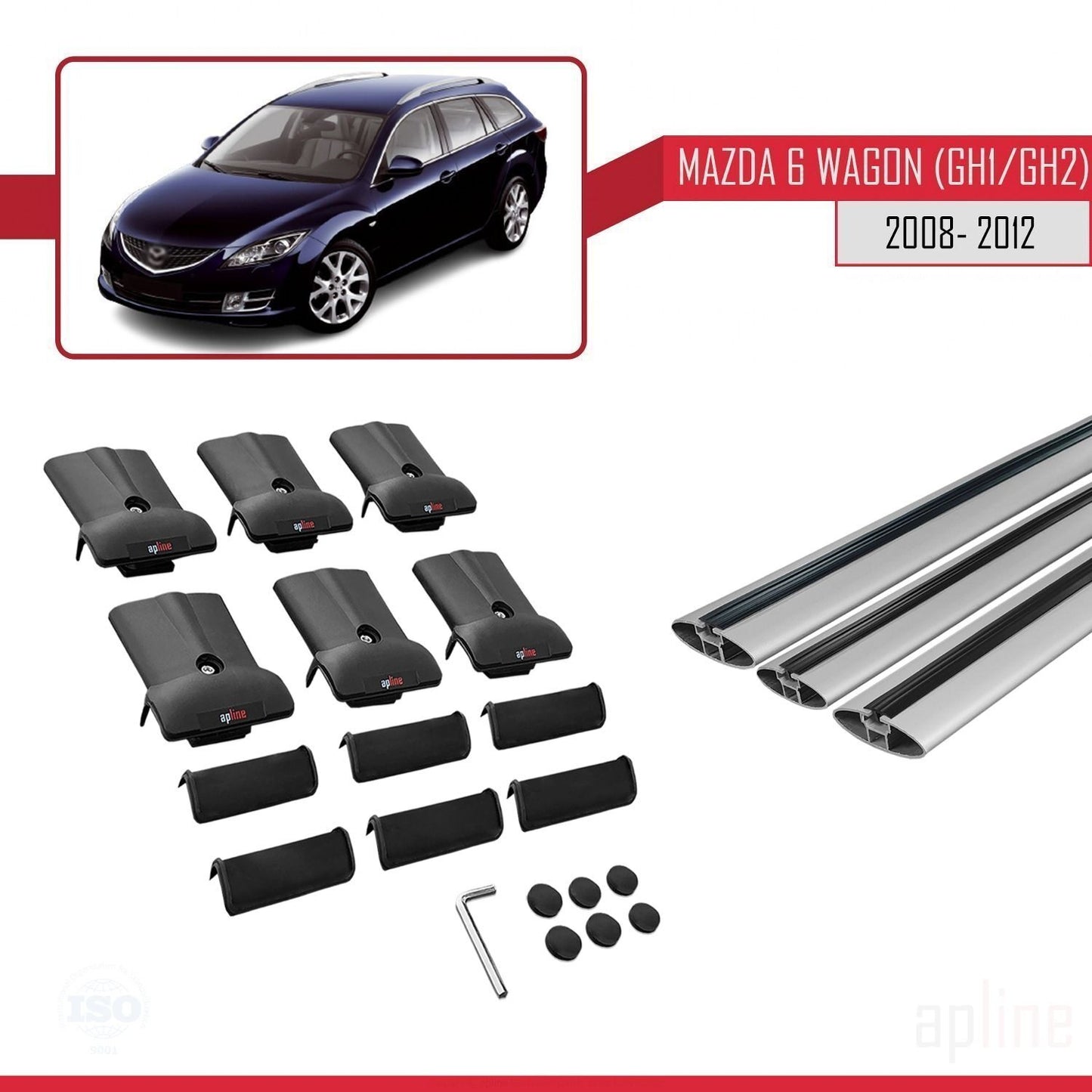 Compatible avec Mazda 6 II (GZ) Wagon 2008-2012 FLY Model Barres de Toit Railing Porte-Bagages de Voiture Gris Aluminium 3 Barres