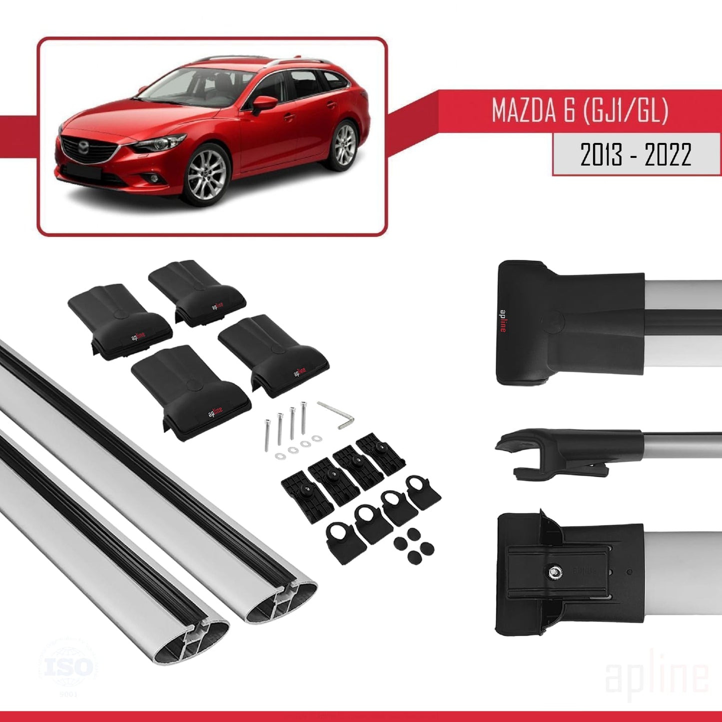 Compatible avec Mazda 6 III (GJ1/GL) 2013-2022 FLY Model Barres de Toit Railing Porte-Bagages de Voiture Gris Aluminium 2 Barres