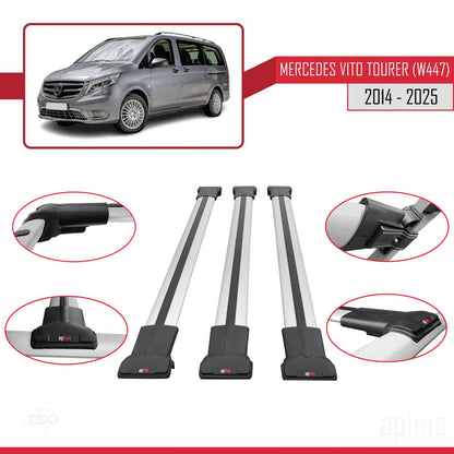 Compatible avec Mercedes Vito Tourer (W447) 2014-2025 FLY Model Barres de Toit Railing Porte-Bagages de Voiture Gris Aluminium 3 Barres