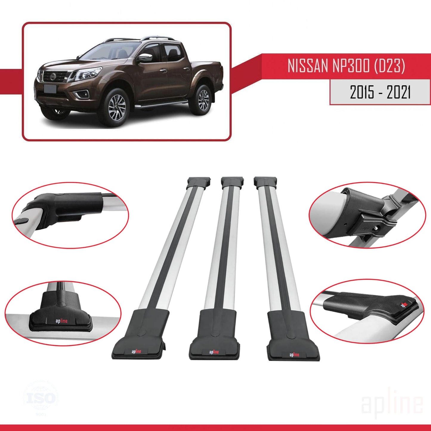 Compatible avec Nissan NP300 (D23) 2015-2021 FLY Model Barres de Toit Railing Porte-Bagages de Voiture Gris Aluminium 3 Barres
