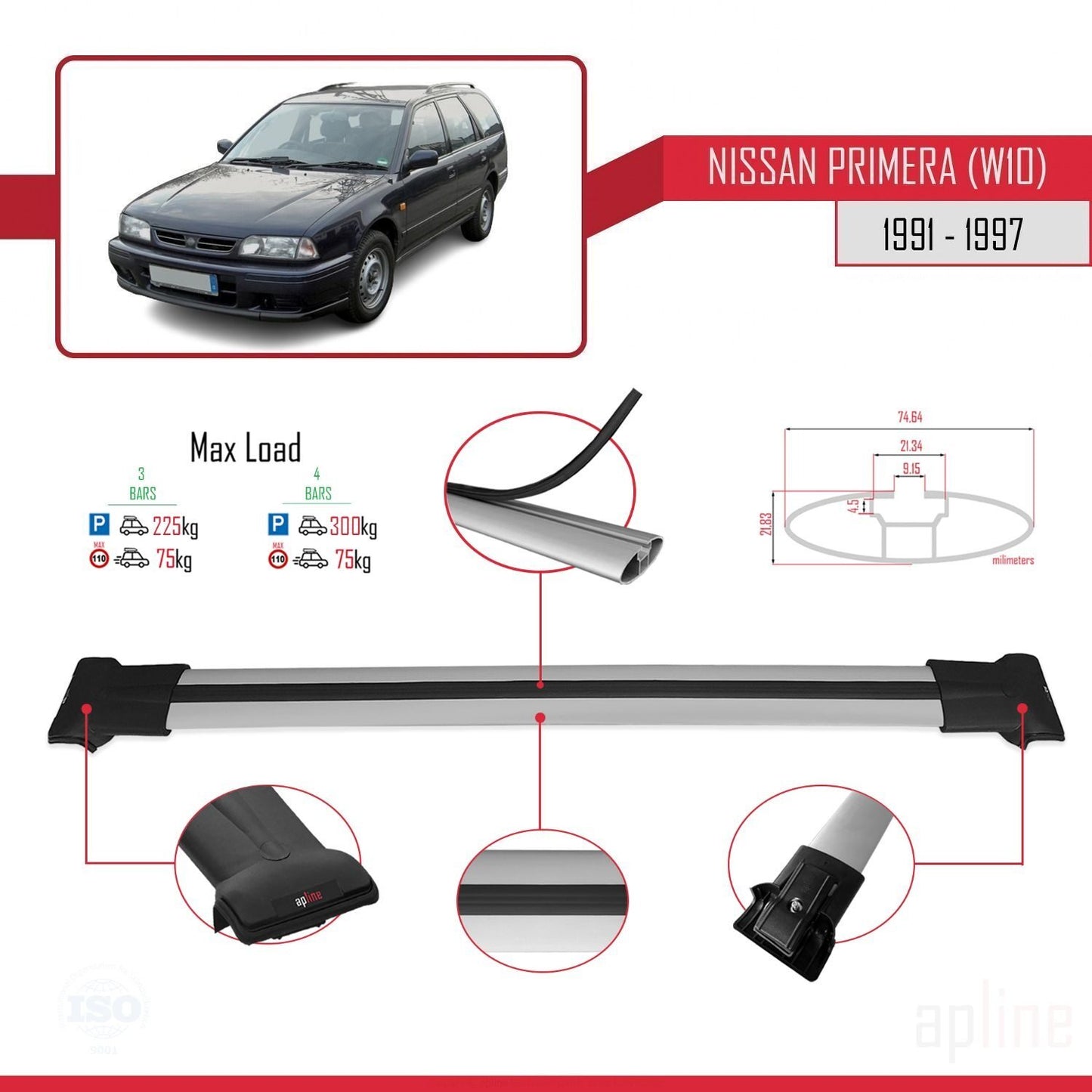 Compatible avec Nissan Primera (W10) Traveller 1991-1997 FLY Model Barres de Toit Railing Porte-Bagages de Voiture Gris Aluminium 3 Barres