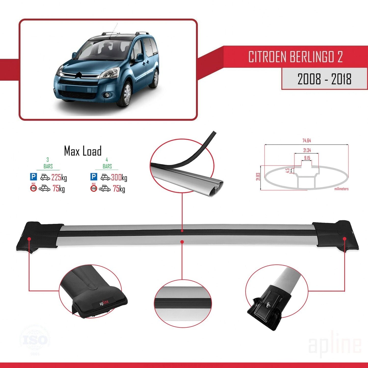 Compatible avec Citroen Berlingo 2 (B9) 2008-2018 FLY Model Barres de Toit Railing Porte-Bagages de Voiture Gris Aluminium 4 Barres