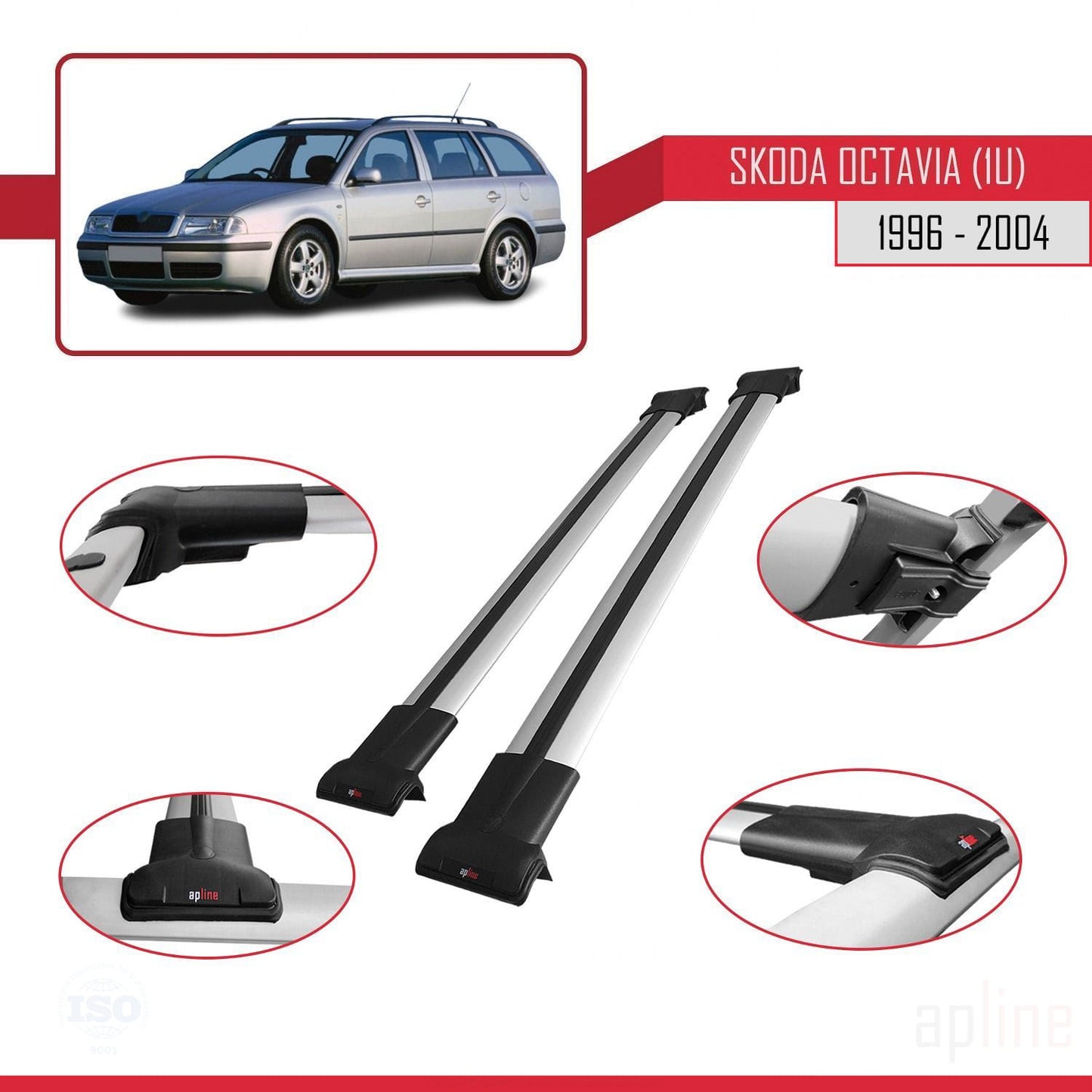 Compatible avec Skoda Octavia (1U) 1996-2004 FLY Model Barres de Toit Railing Porte-Bagages de Voiture Gris Aluminium 2 Barres