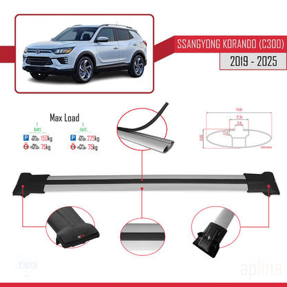 Compatible avec Ssangyong Korando 4 (C300) 2019-2025 FLY Model Barres de Toit Railing Porte-Bagages de Voiture Gris Aluminium 2 Barres