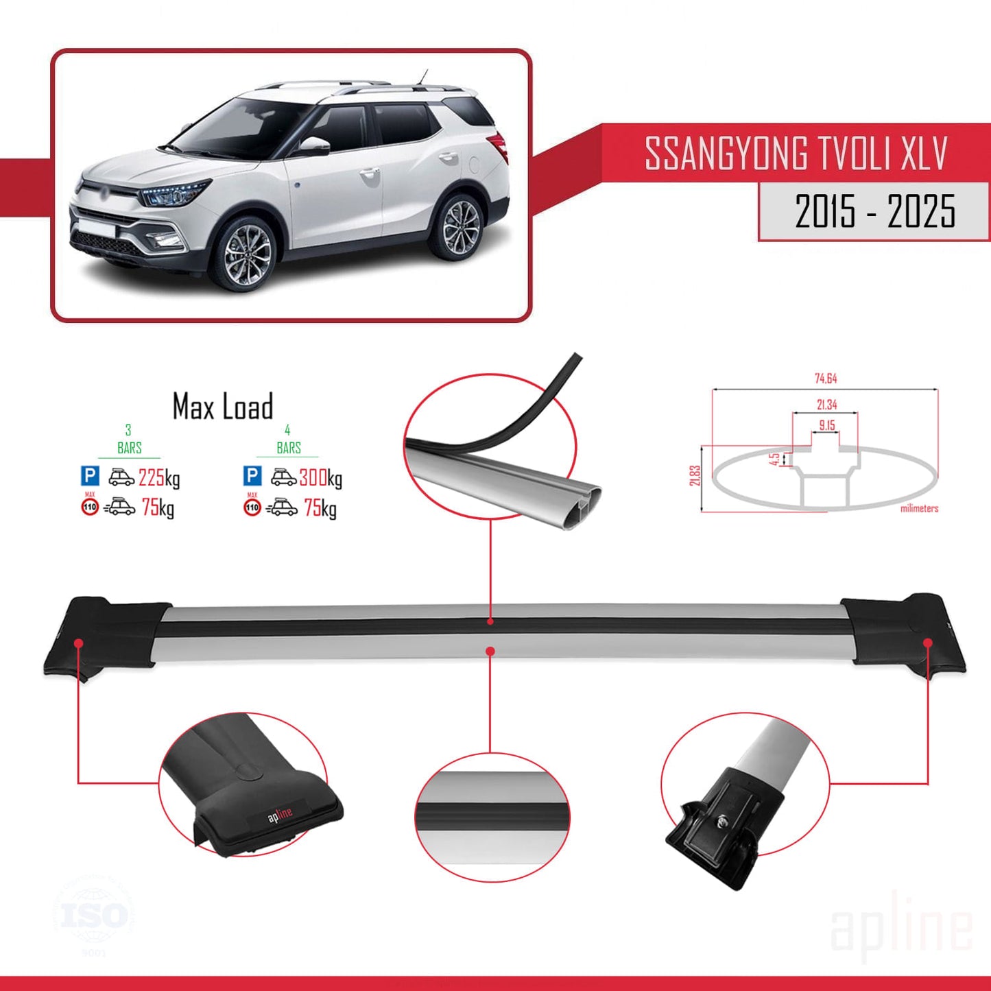 Compatible avec Ssangyong Tivoli XLV 2015-2025 FLY Model Barres de Toit Railing Porte-Bagages de Voiture Gris Aluminium 3 Barres