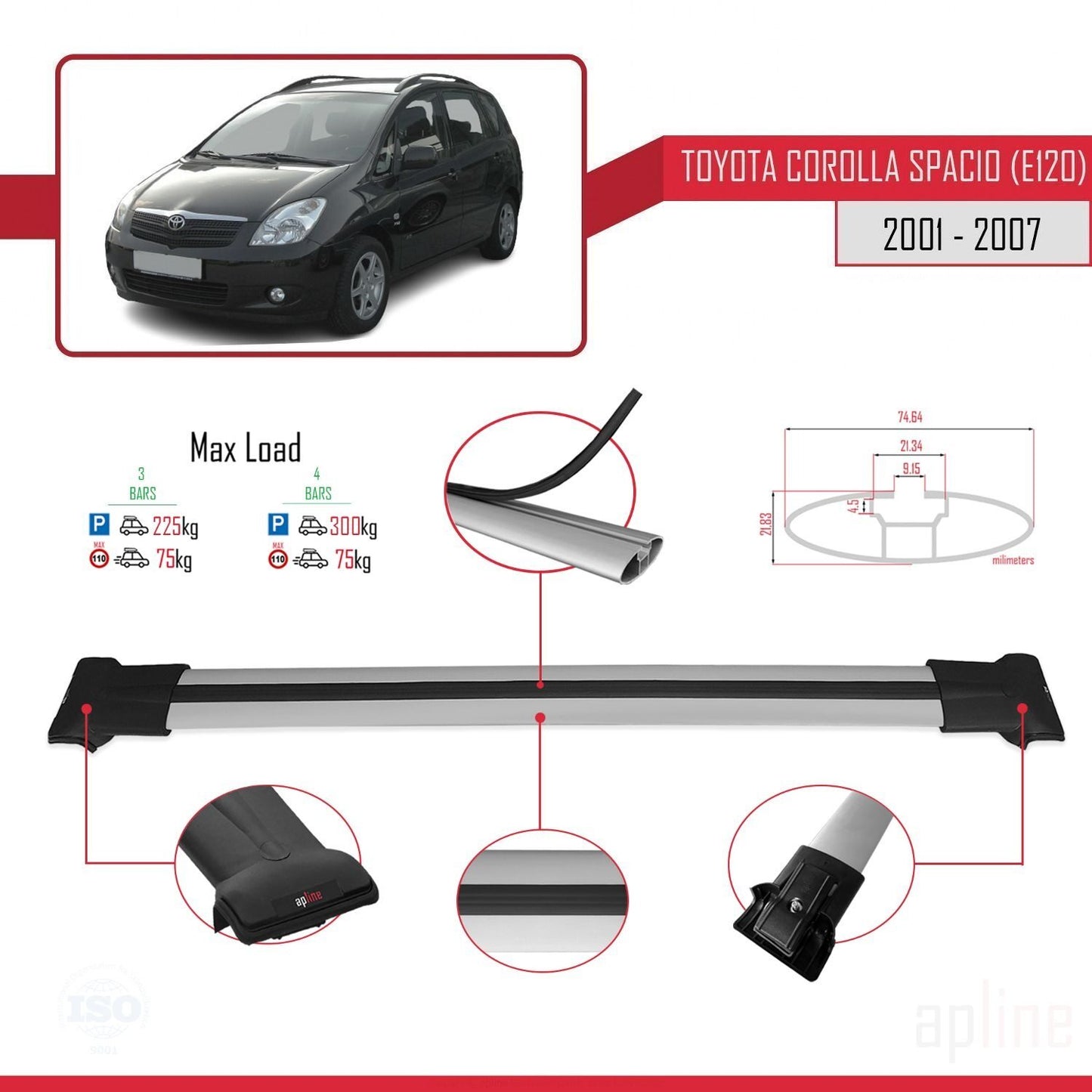 Compatible avec Toyota Corolla Spacio 2 (E120) 2001-2007 FLY Model Barres de Toit Railing Porte-Bagages de Voiture Gris Aluminium 3 Barres