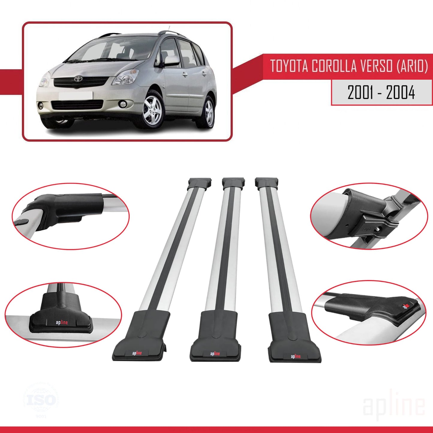 Compatible avec Toyota Corolla Verso (E120) 2001-2004 FLY Model Barres de Toit Railing Porte-Bagages de Voiture Gris Aluminium 3 Barres