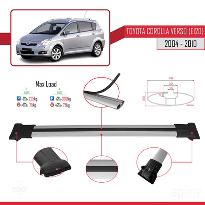 Compatible avec Toyota Corolla Verso 2 (AR10) 2004-2010 FLY Model Barres de Toit Railing Porte-Bagages de Voiture Gris Aluminium 3 Barres