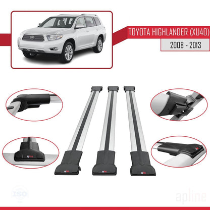 Compatible avec Toyota Highlander (XU40) 2008-2013 FLY Model Barres de Toit Railing Porte-Bagages de Voiture Gris Aluminium 3 Barres