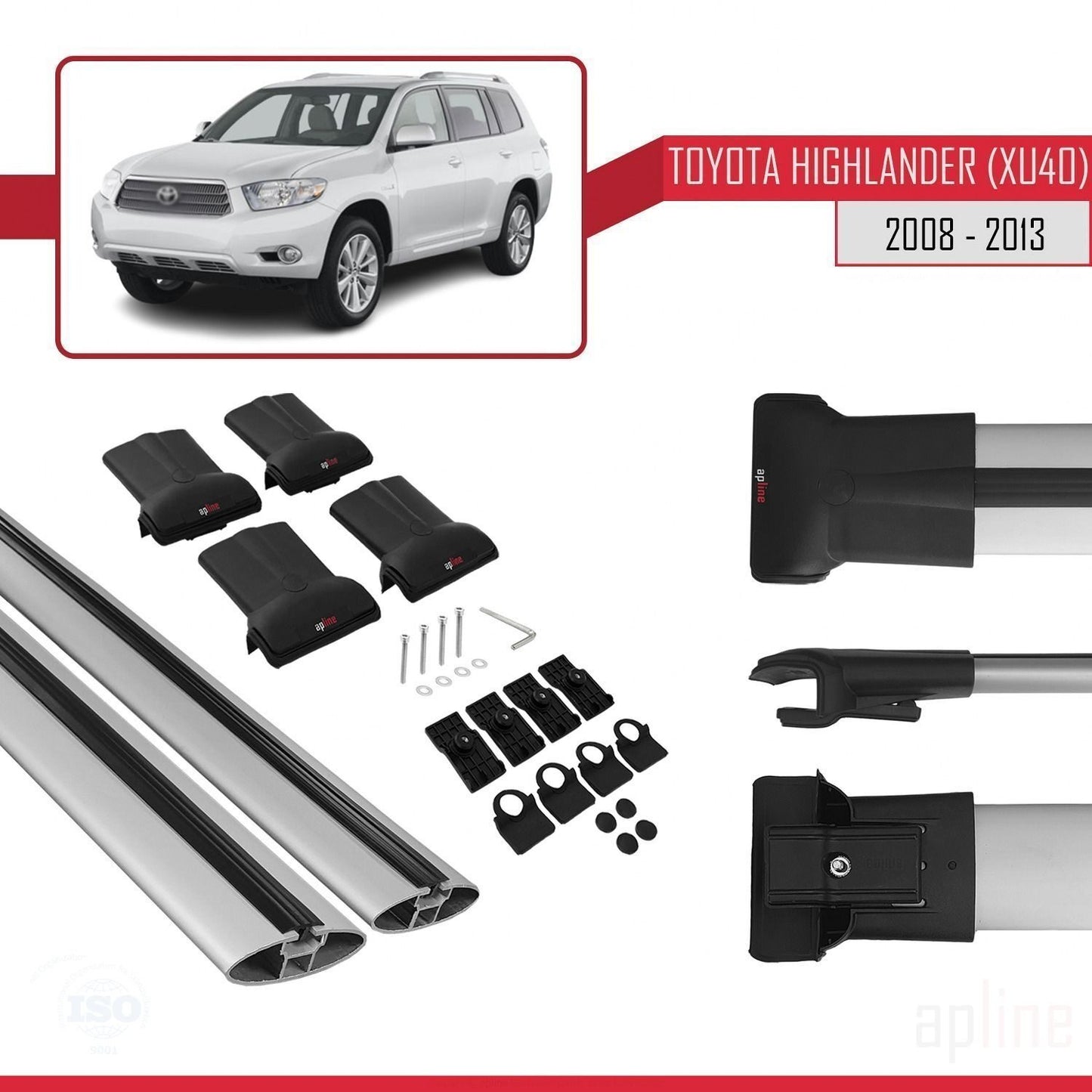 Compatible avec Toyota Highlander (XU40) 2008-2013 FLY Model Barres de Toit Railing Porte-Bagages de Voiture Gris Aluminium 2 Barres