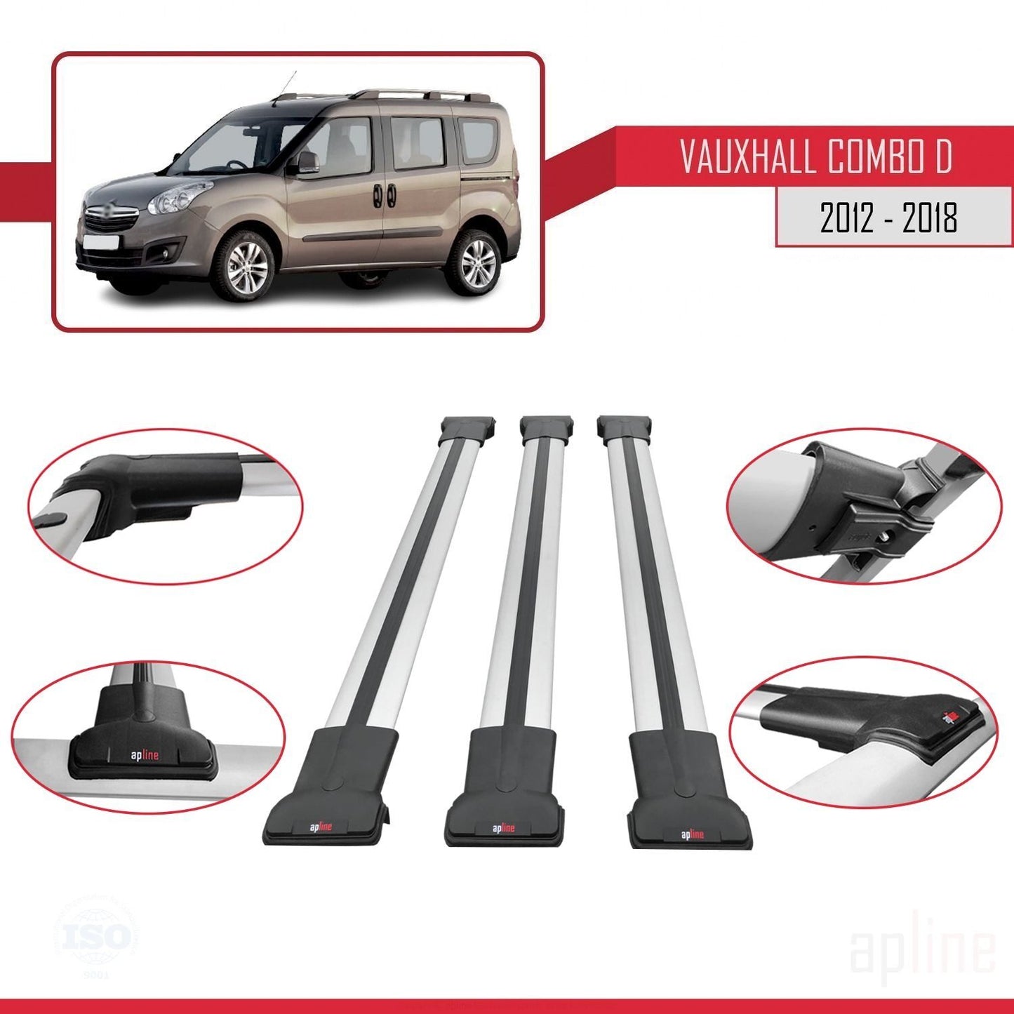Compatible avec Vauxhall Combo D 2012-2018 FLY Model Barres de Toit Railing Porte-Bagages de Voiture Gris Aluminium 3 Barres