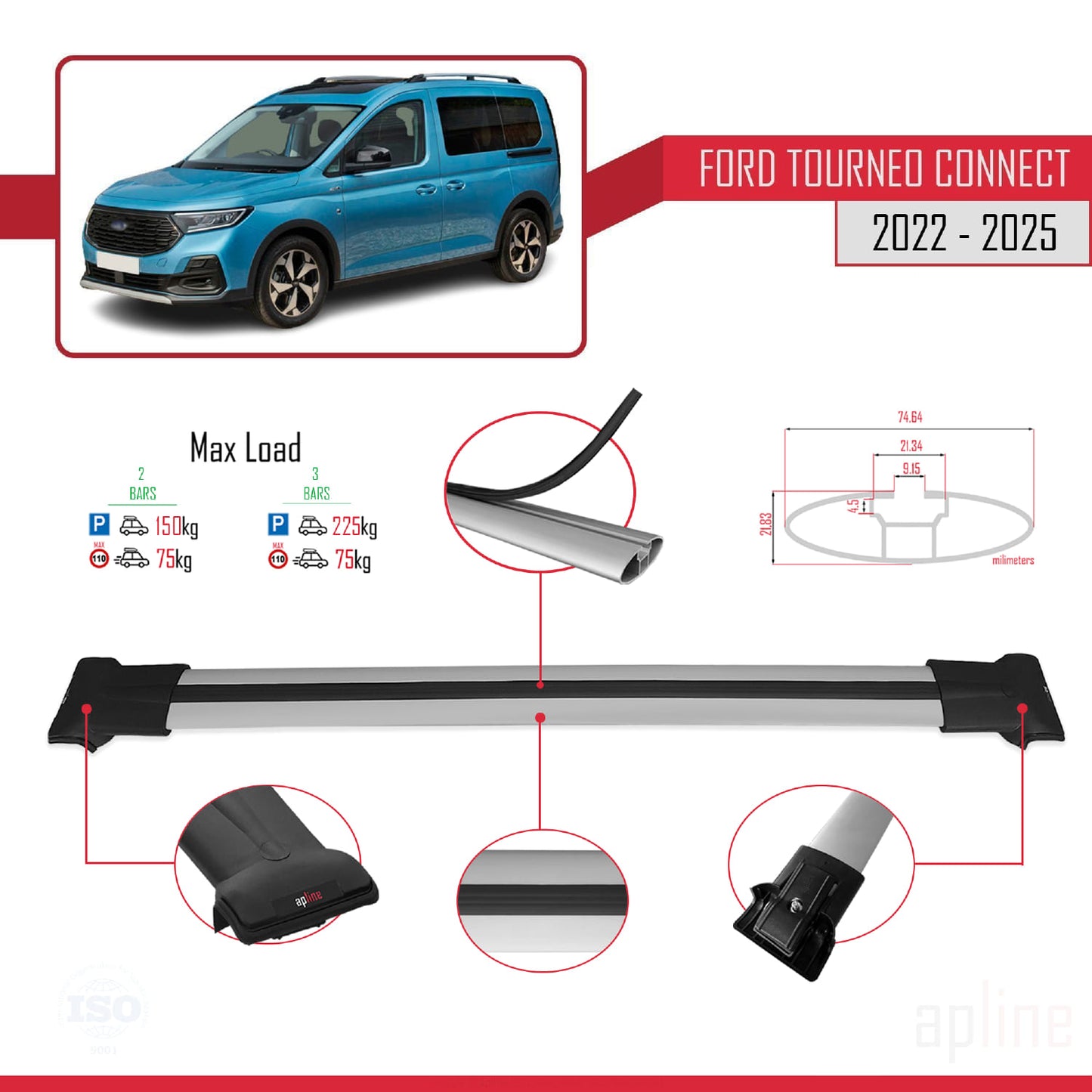 Compatible avec Ford Transit/Tourneo Connect 3 2022-2025 FLY Model Barres de Toit Railing Porte-Bagages de Voiture Gris Aluminium 2 Barres