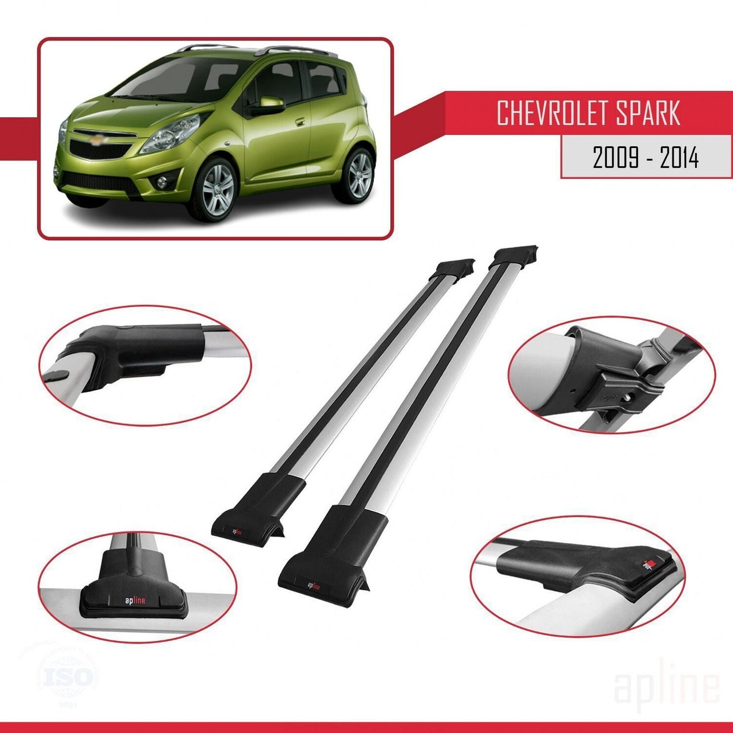 Kompatibel mit Chevrolet Spark (M300) 2009-2014 FLY Modell Dachgepäckträger, graues Aluminium, 2 Stangen