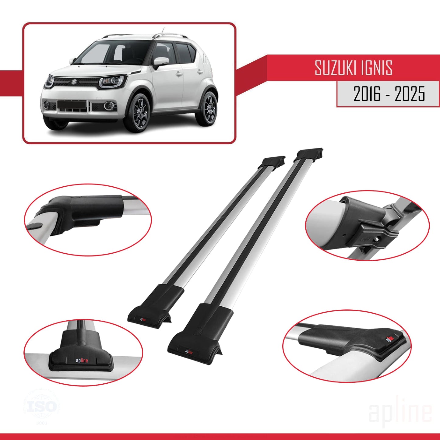 Compatible avec Suzuki Ignıs 2016-2025 FLY Model Barres de Toit Railing Porte-Bagages de Voiture Gris Aluminium 2 Barres