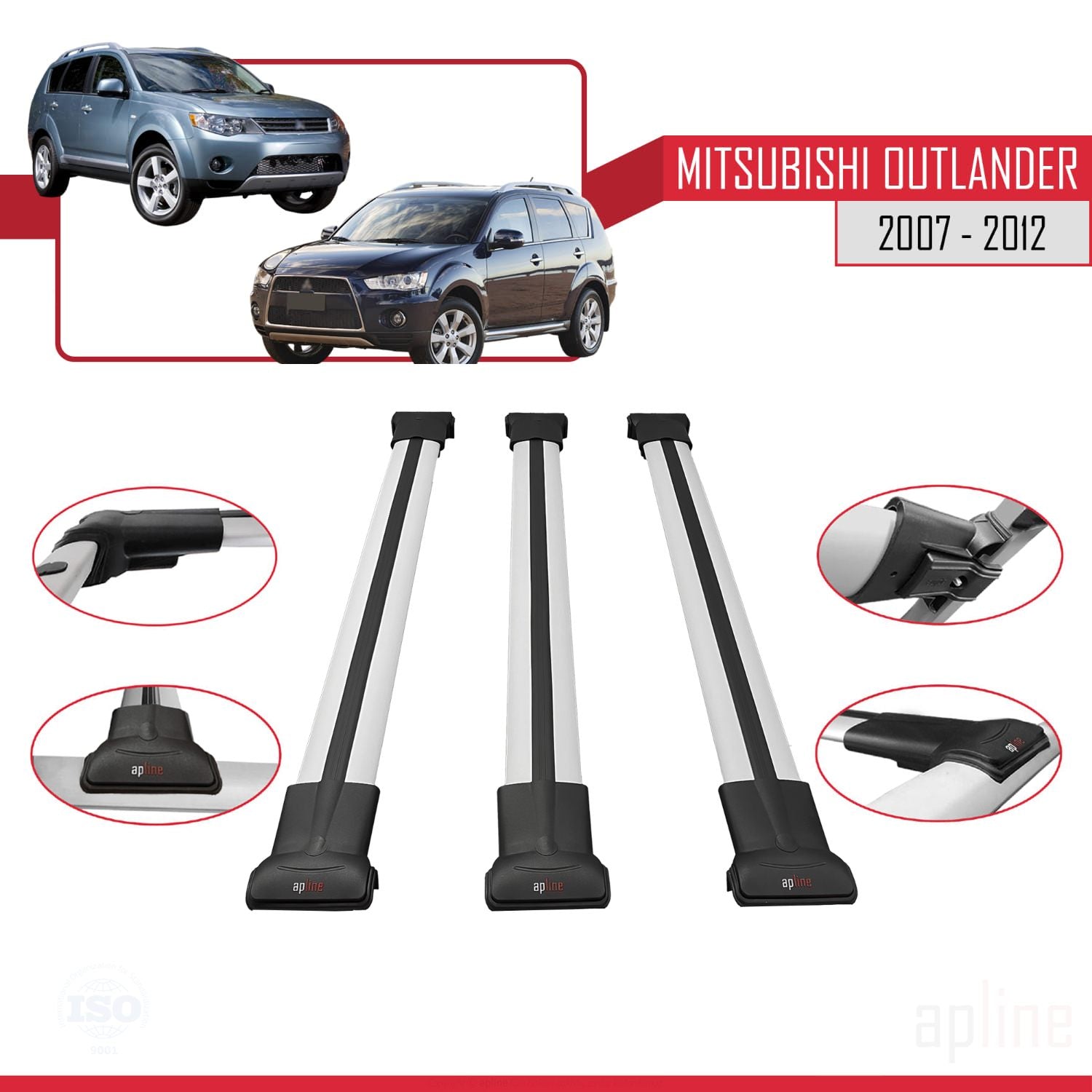 Compatible avec Mitsubishi Outlander 2 2007-2012 FLY Model Barres de Toit Railing Porte-Bagages de Voiture Gris Aluminium 3 Barres