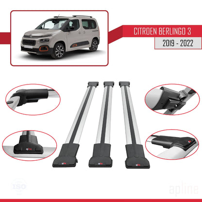 Compatible avec Citroen Berlingo 3 (K9) 2019-2022 FLY Model Barres de Toit Railing Porte-Bagages de Voiture Gris Aluminium 3 Barres