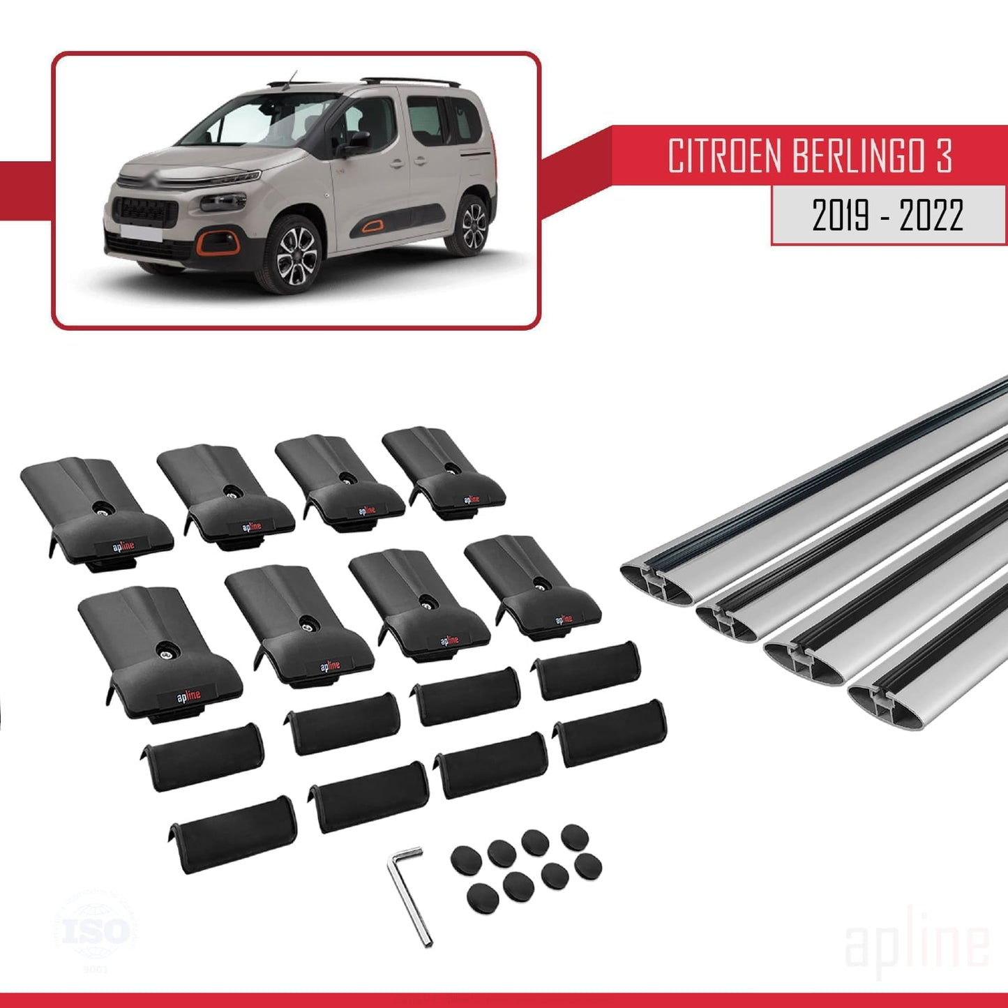 Compatible avec Citroen Berlingo 3 (K9) 2019-2022 FLY Model Barres de Toit Railing Porte-Bagages de Voiture Gris Aluminium 4 Barres