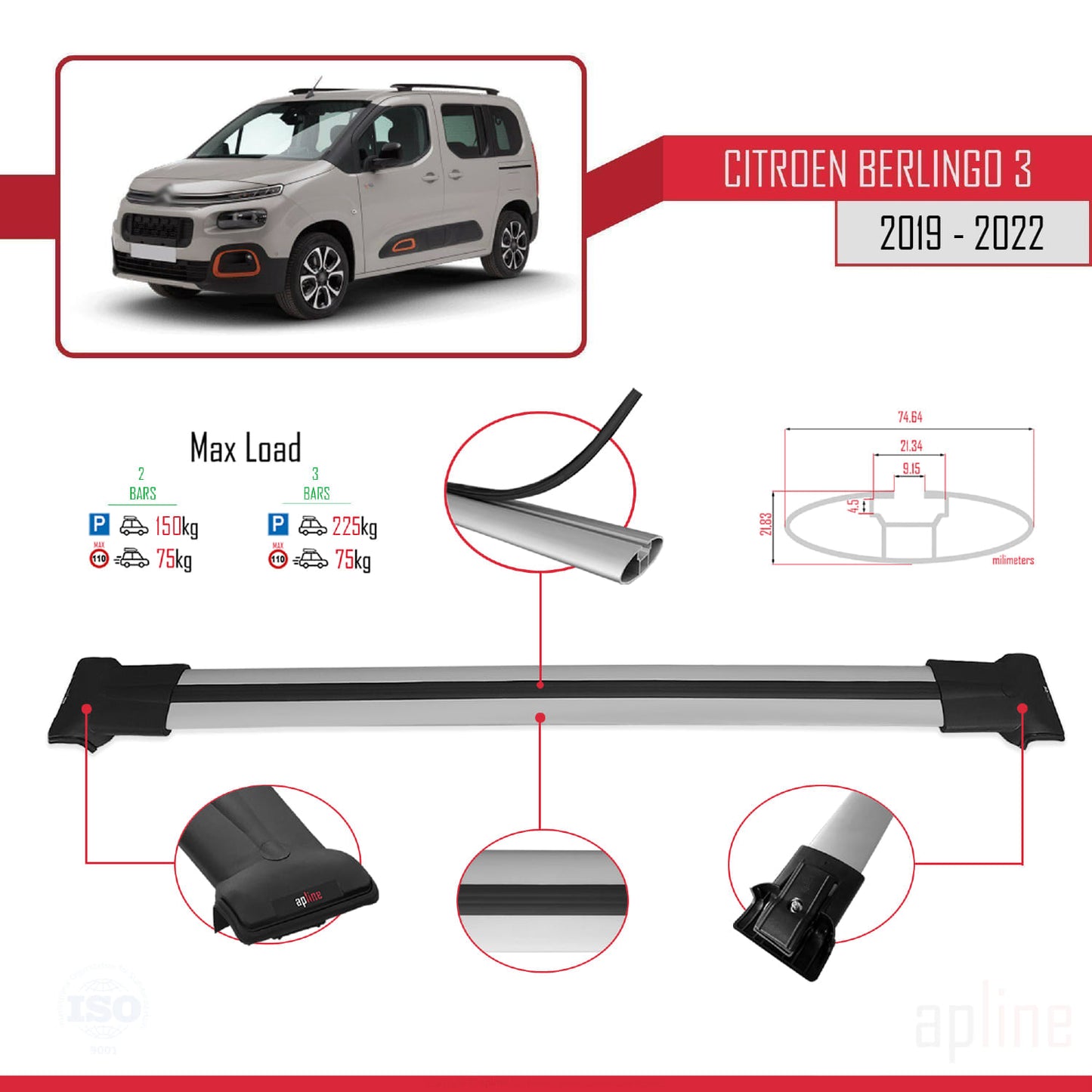 Compatible avec Citroen Berlingo 3 (K9) 2019-2022 FLY Model Barres de Toit Railing Porte-Bagages de Voiture Gris Aluminium 2 Barres