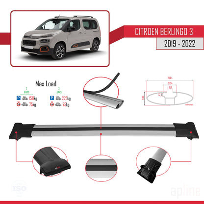 Compatible avec Citroen Berlingo 3 (K9) 2019-2022 FLY Model Barres de Toit Railing Porte-Bagages de Voiture Gris Aluminium 2 Barres