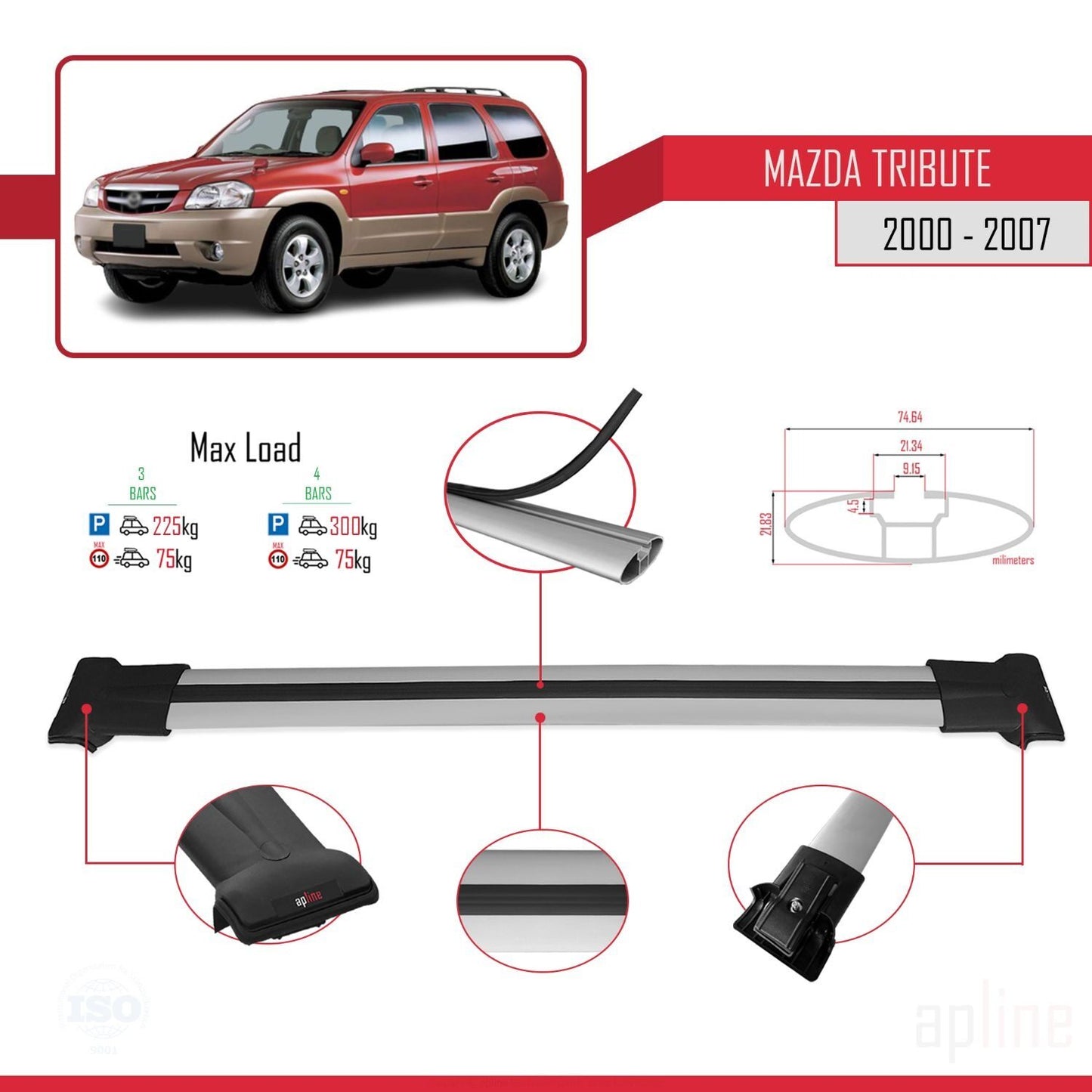 Compatible with Mazda Tribute 2000-2007 FLY Model Car Roof Rack Cross Bar Grey Aluminium 3 Bars