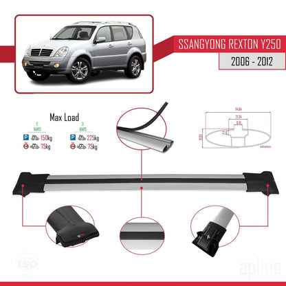 Compatible with Ssangyong Rexton (Y250) 2006-2012 FLY Model Car Roof Rack Cross Bar Grey Aluminium 2 Bars