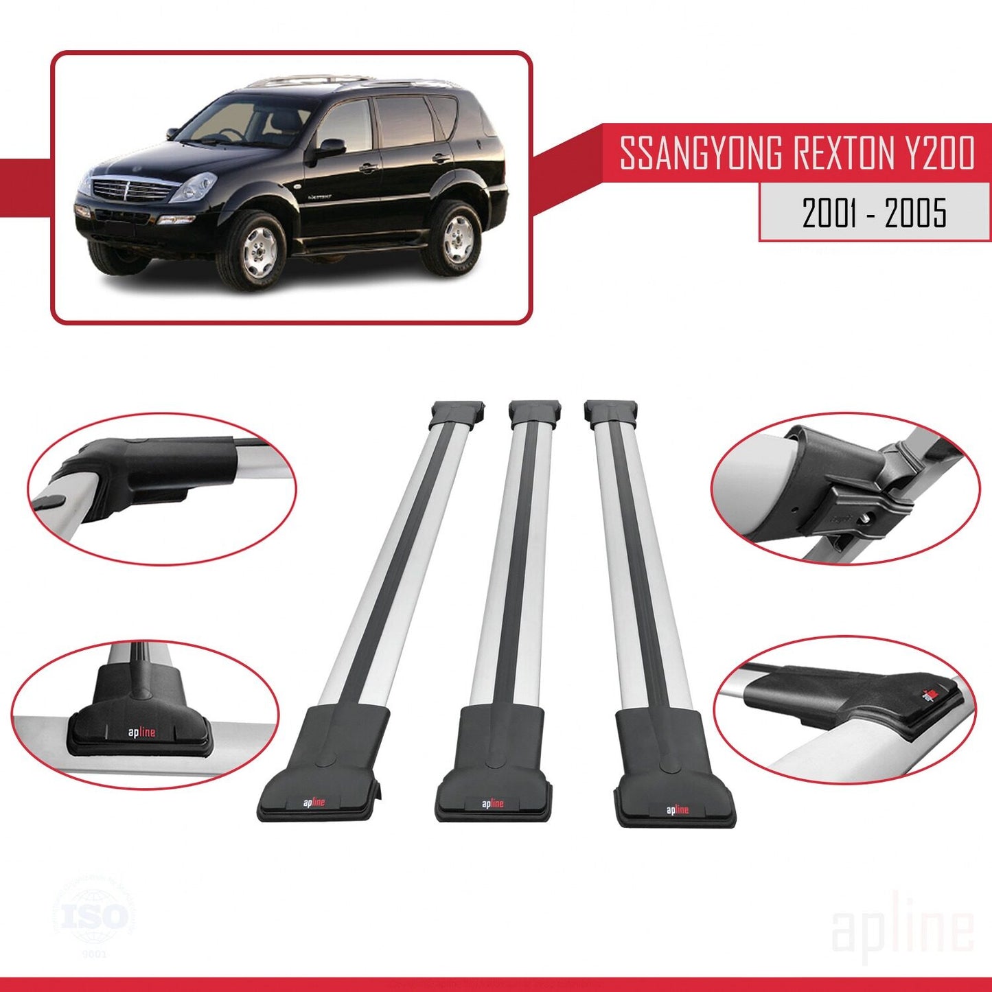 Compatible avec Ssangyong Rexton (Y200) 2001-2005 FLY Model Barres de Toit Railing Porte-Bagages de Voiture Gris Aluminium 3 Barres