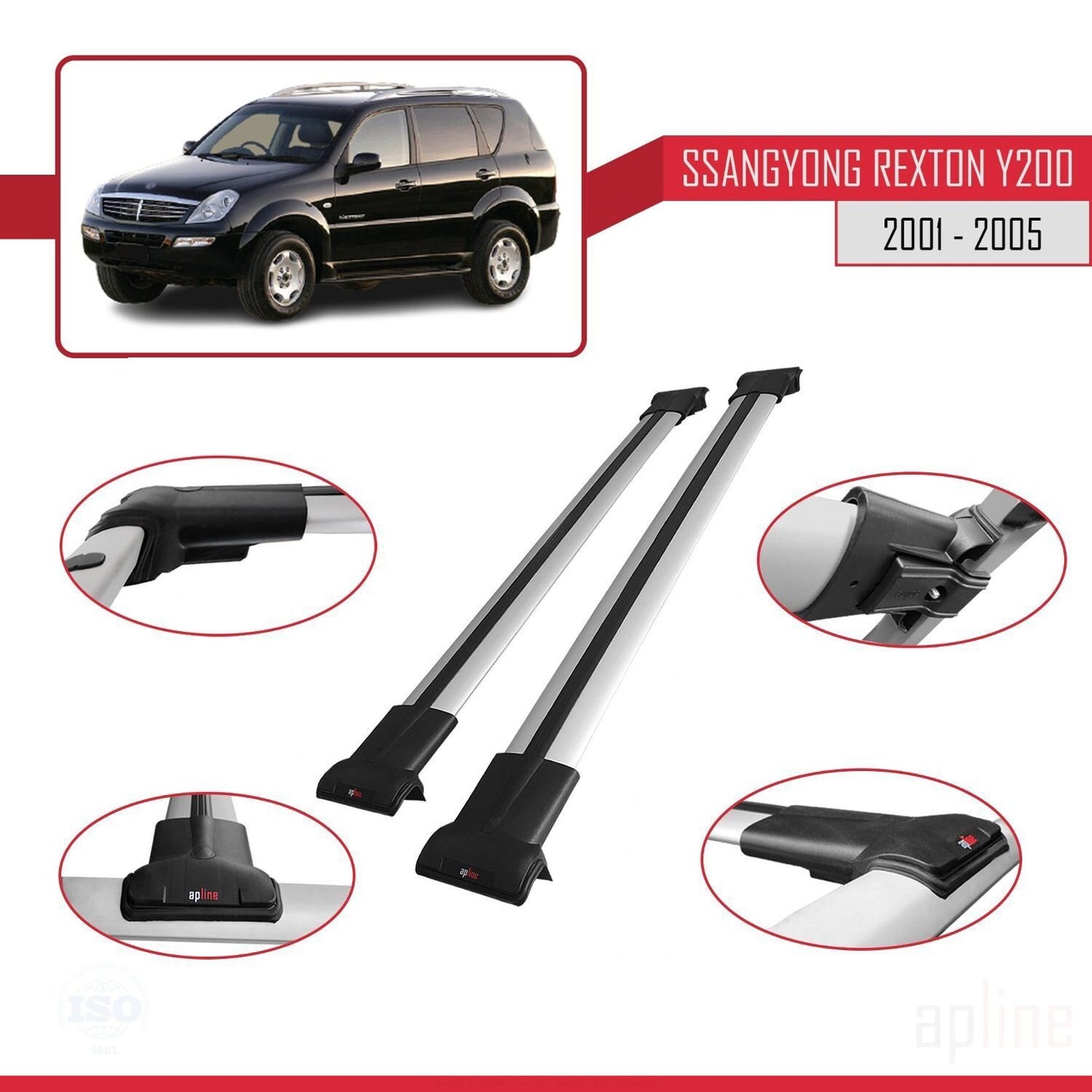 Compatible avec Ssangyong Rexton (Y200) 2001-2005 FLY Model Barres de Toit Railing Porte-Bagages de Voiture Gris Aluminium 2 Barres