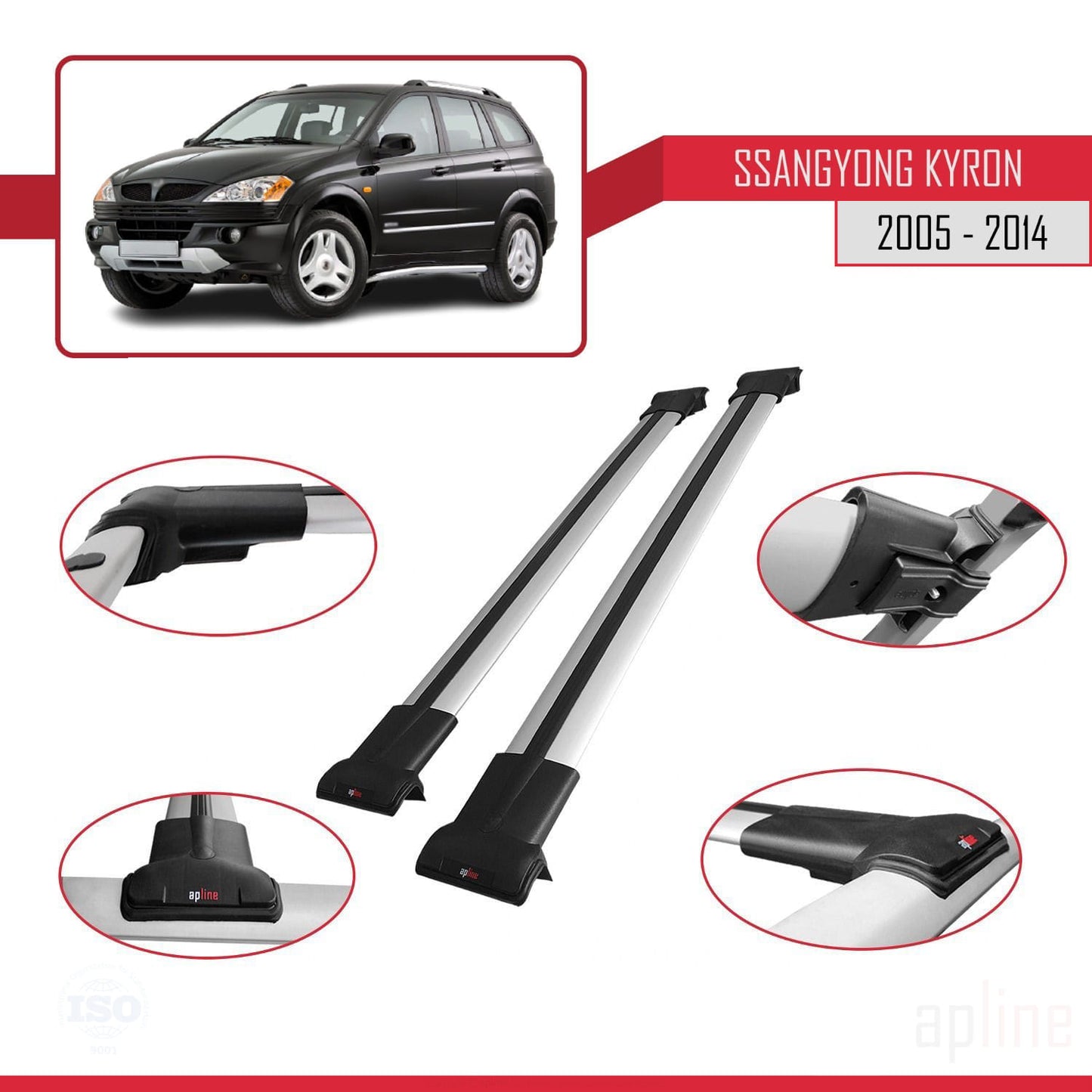 Compatible avec Ssangyong Kyron 2005-2014 FLY Model Barres de Toit Railing Porte-Bagages de Voiture Gris Aluminium 2 Barres