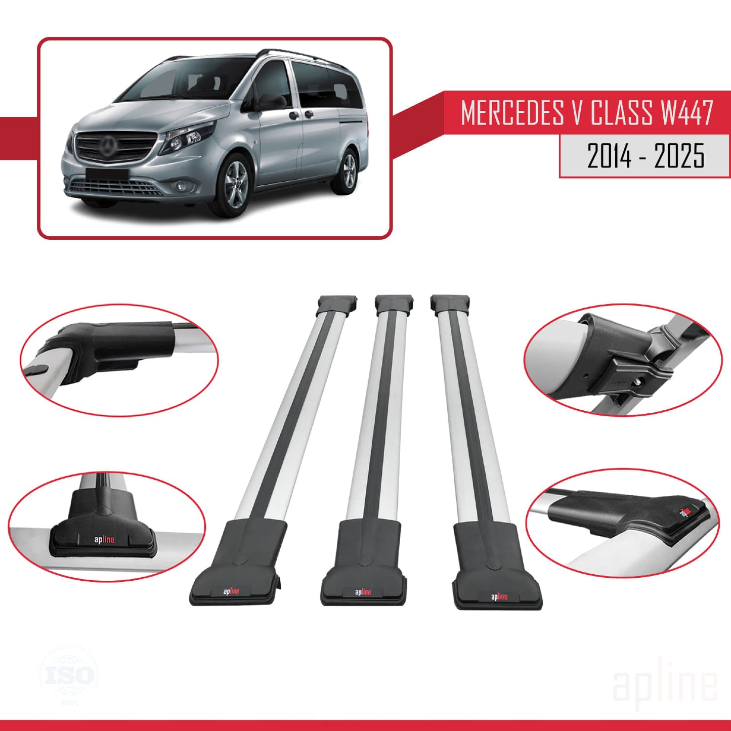 Compatible avec Mercedes Classe V 3 (W447) 2014-2025 FLY Model Barres de Toit Railing Porte-Bagages de Voiture Gris Aluminium 3 Barres