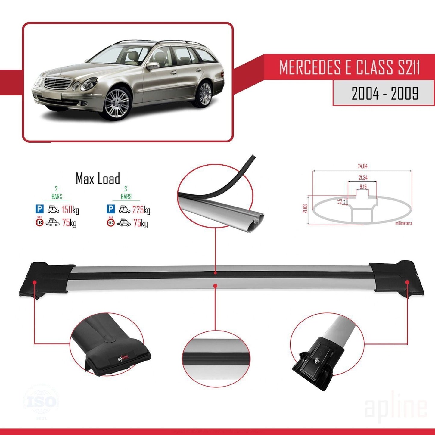 Compatible avec Mercedes Classe E 3 (S211) 2004-2009 FLY Model Barres de Toit Railing Porte-Bagages de Voiture Gris Aluminium 2 Barres