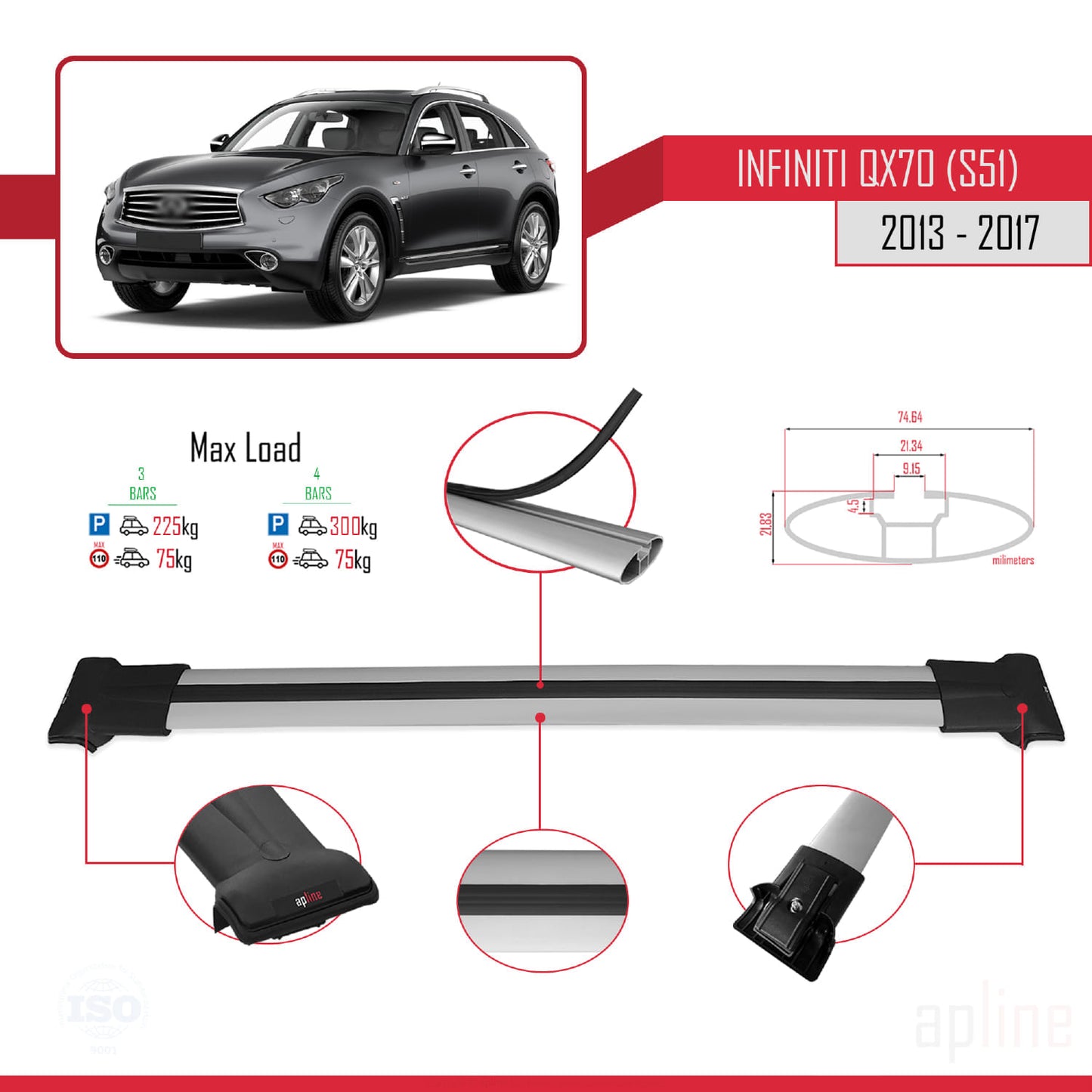 Compatible avec Infiniti QX70 (S51) 2013-2017 FLY Model Barres de Toit Railing Porte-Bagages de Voiture Gris Aluminium 3 Barres