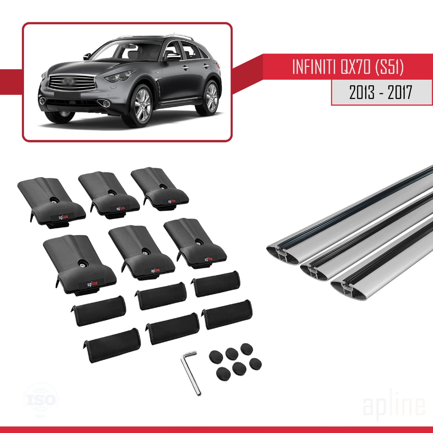 Compatible avec Infiniti QX70 (S51) 2013-2017 FLY Model Barres de Toit Railing Porte-Bagages de Voiture Gris Aluminium 3 Barres