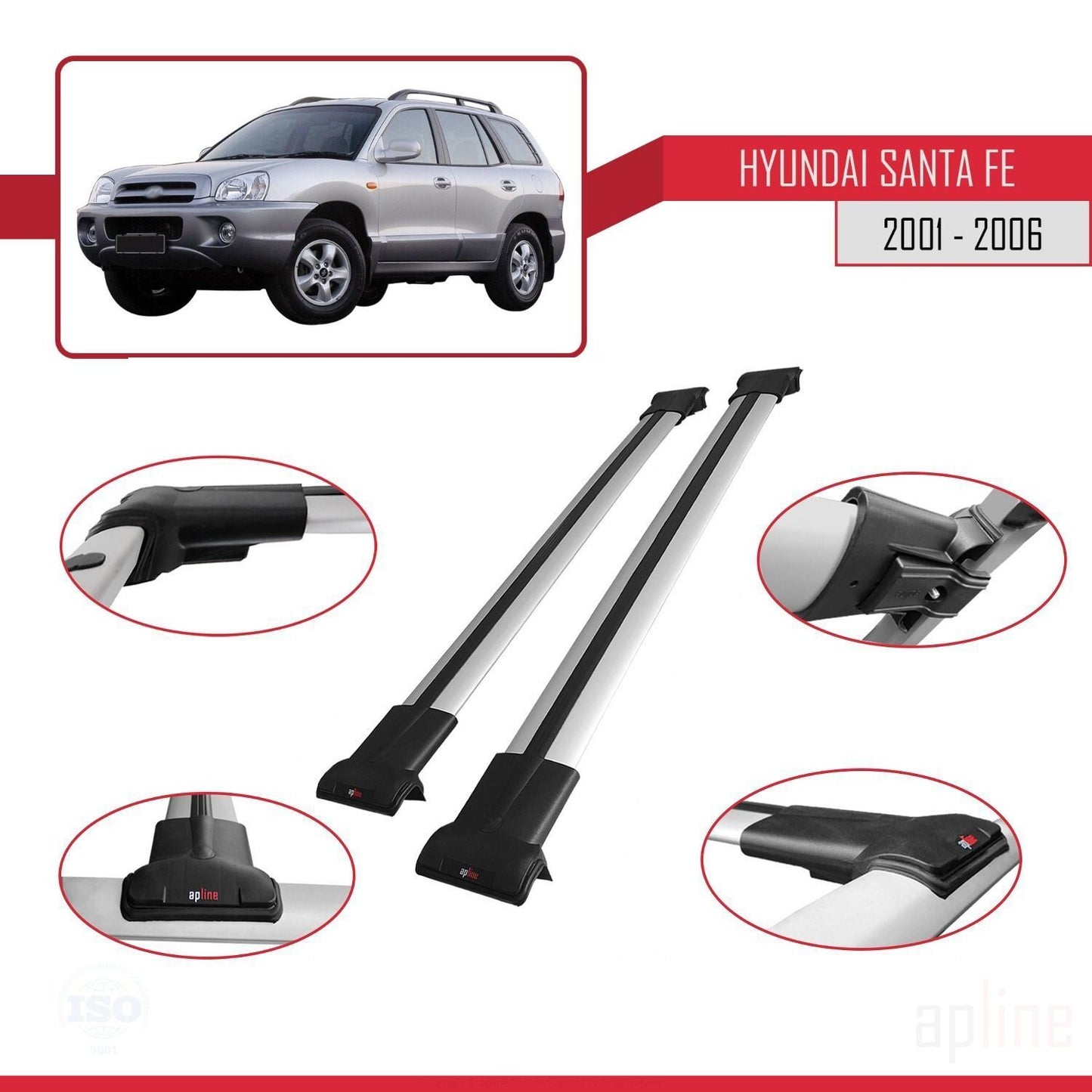 Compatible avec Hyundai Santa Fe (SM) 2001-2006 FLY Model Barres de Toit Railing Porte-Bagages de Voiture Gris Aluminium 2 Barres