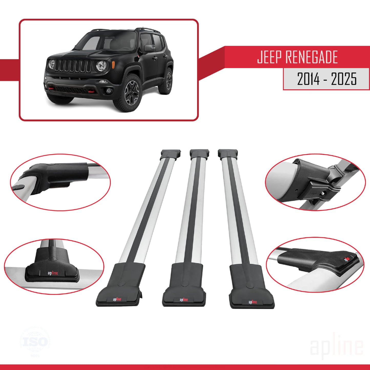 Compatible avec Jeep Renegade (BU) 2014-2025 FLY Model Barres de Toit Railing Porte-Bagages de Voiture Gris Aluminium 3 Barres