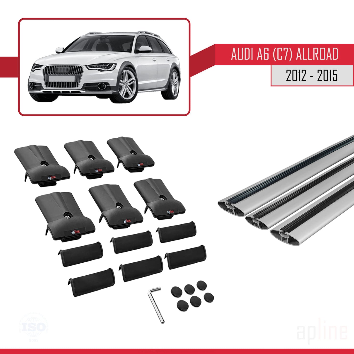 Kompatibel mit A6 (C7) Allroad 2012-2015 FLY Modell Dachgepäckträger, graues Aluminium, 3-Stangen