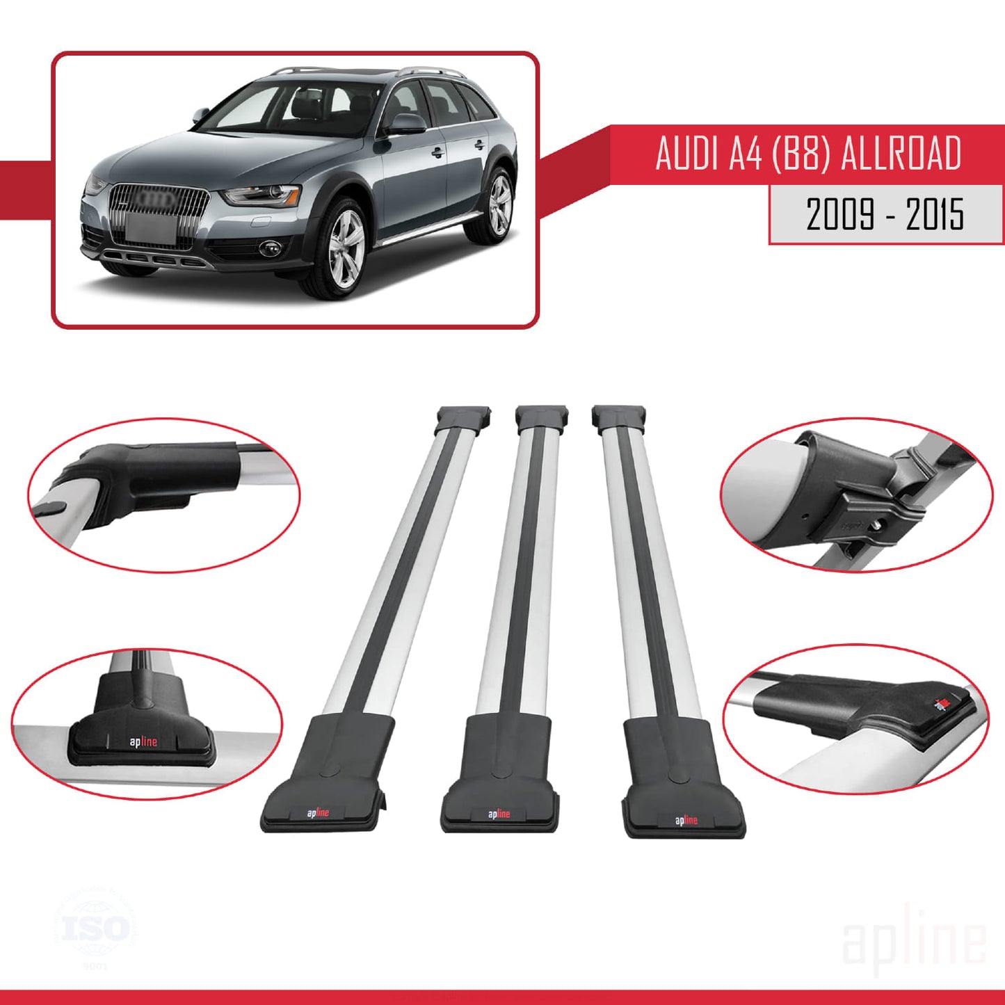 Kompatibel mit A4 (B8) Allroad 2009-2015 FLY Modell Dachgepäckträger, graues Aluminium, 3 Stangen