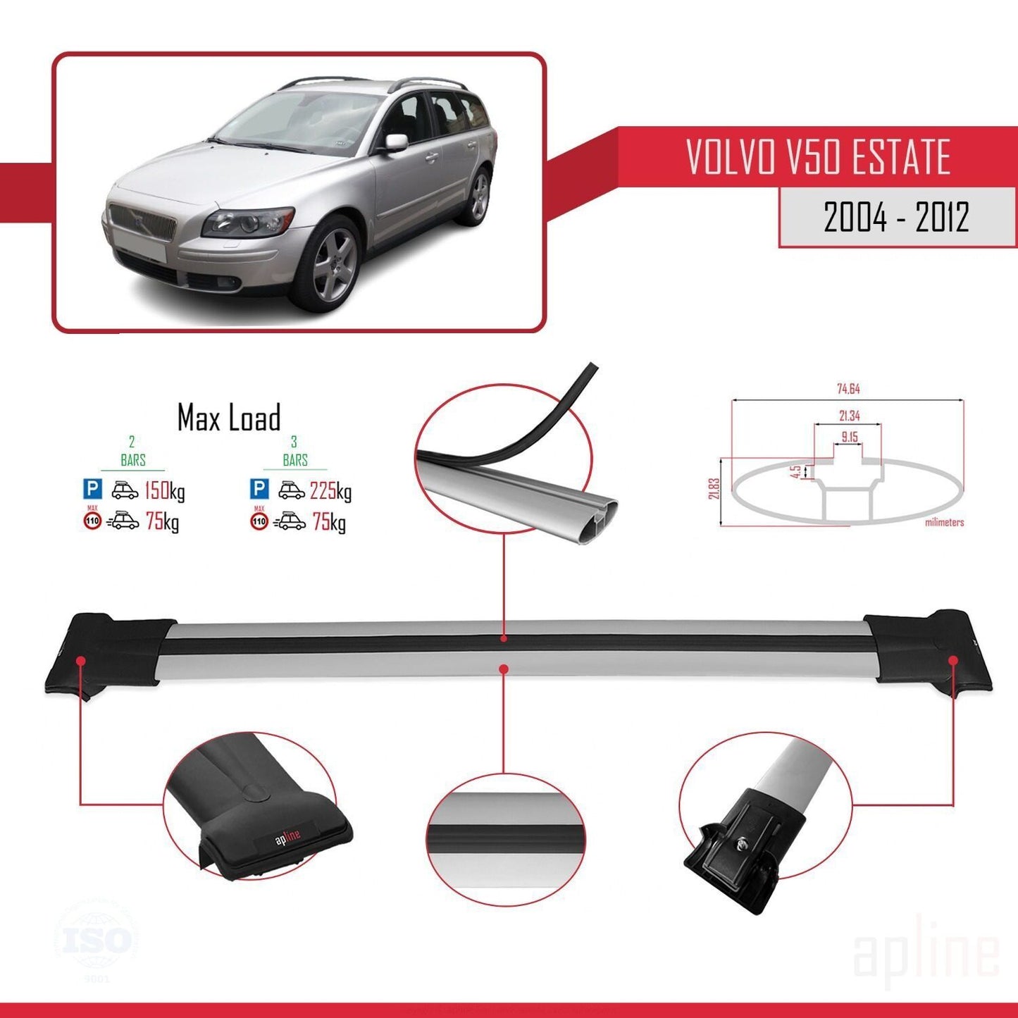 Compatible avec Volvo V50 2004-2012 FLY Model Barres de Toit Railing Porte-Bagages de Voiture Gris Aluminium 2 Barres