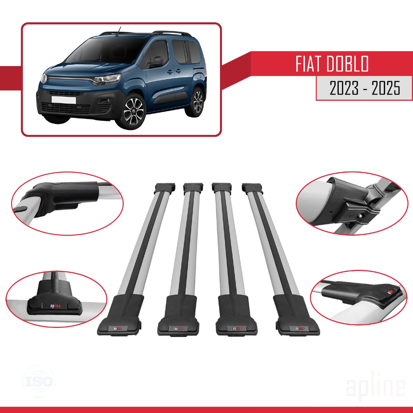 Compatible avec Fiat Doblo 3 2023-2025 FLY Model Barres de Toit Railing Porte-Bagages de Voiture Gris Aluminium 4 Barres