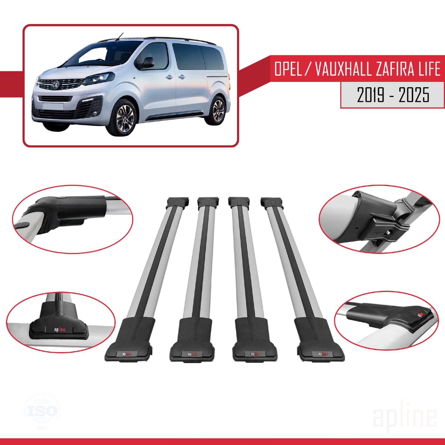 Compatible avec Opel Zafira Life 2019-2025 FLY Model Barres de Toit Railing Porte-Bagages de Voiture Gris Aluminium 4 Barres