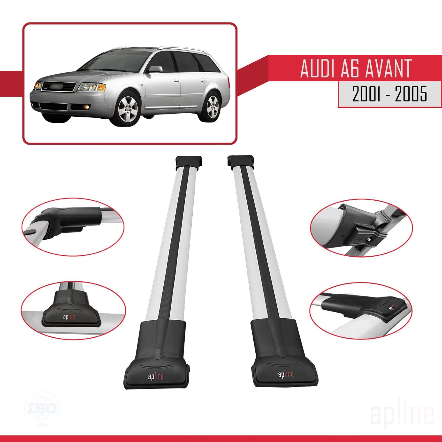 Compatible avec Audi A6 Avant 2001-2005 FLY Model Barres de Toit Railing Porte-Bagages de Voiture Gris Aluminium 2 Barres