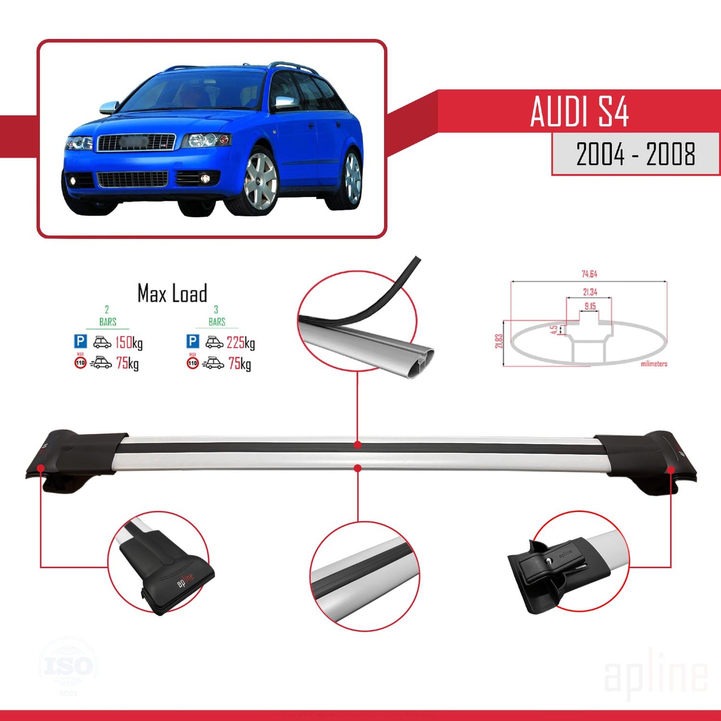Compatible avec Audi S4 2004-2008 FLY Model Barres de Toit Railing Porte-Bagages de Voiture Gris Aluminium 2 Barres