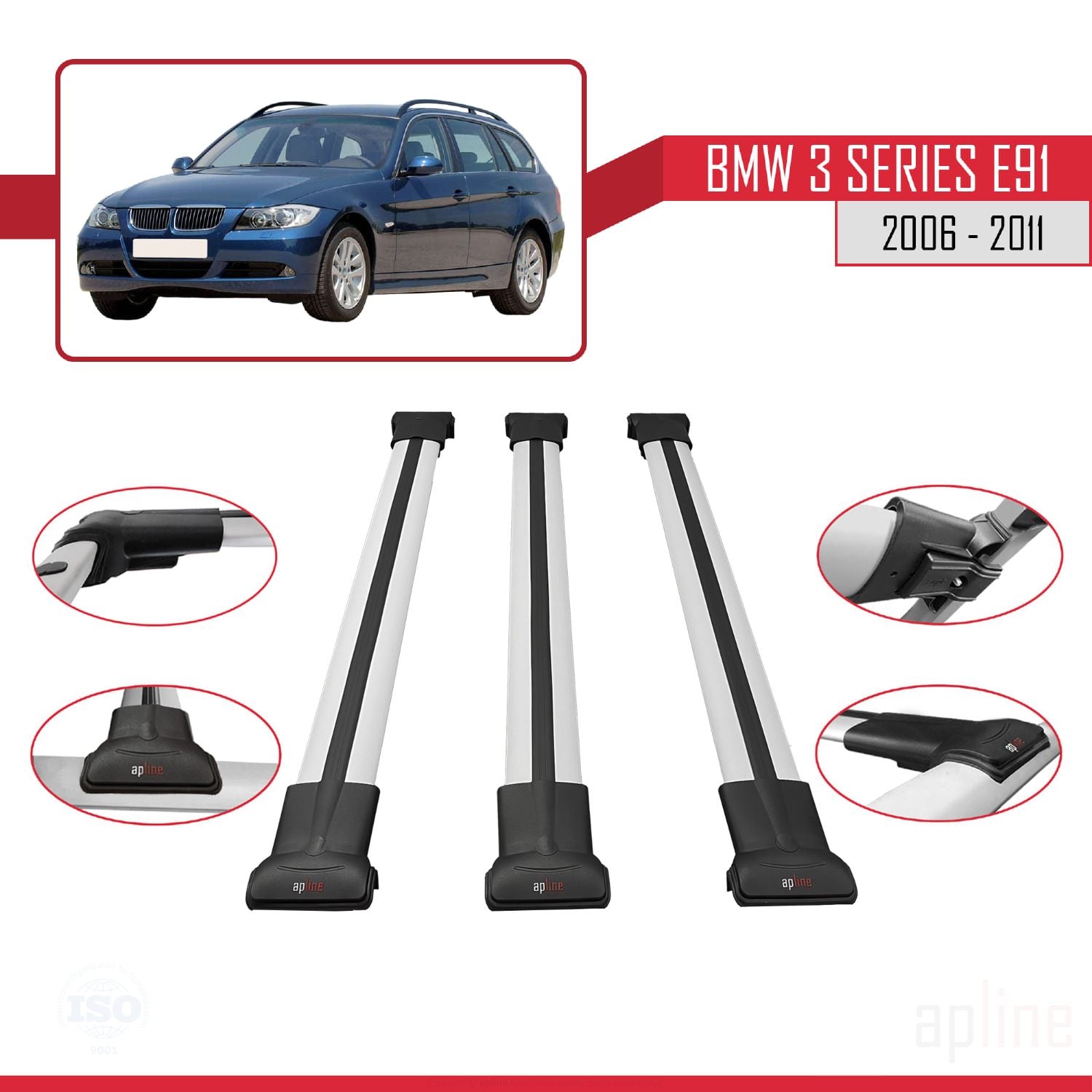 Compatible avec BMW 3 Series E91 Touring 2006-2011 FLY Model Barres de Toit Railing Porte-Bagages de Voiture Gris Aluminium 3 Barres