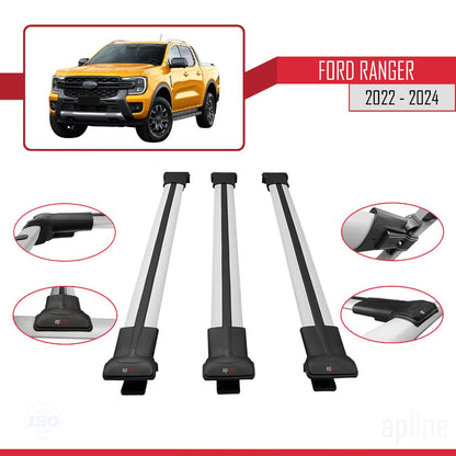 Compatible avec Ford Ranger (P703) 2022-2024 FLY Model Barres de Toit Railing Porte-Bagages de Voiture Gris Aluminium 3 Barres
