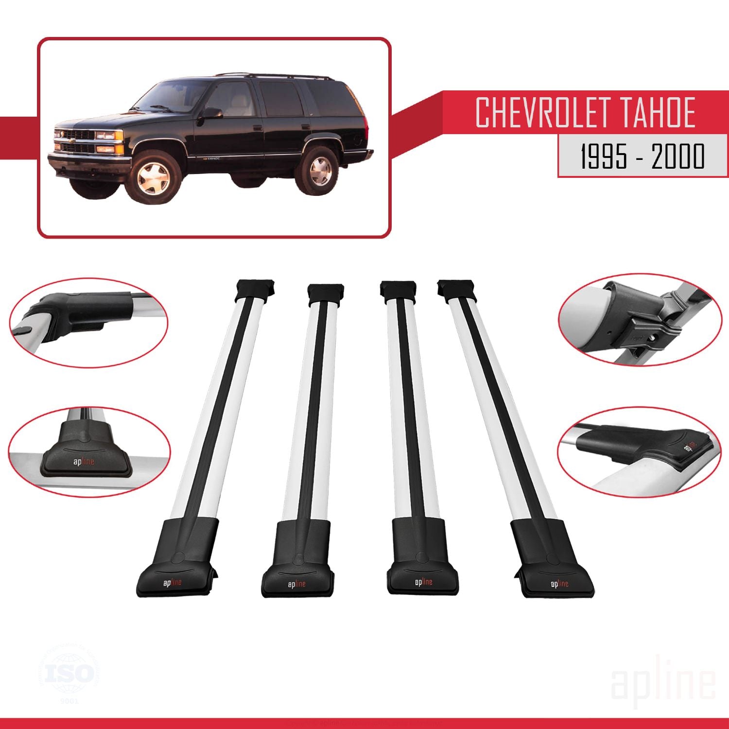Compatible avec Chevrolet Tahoe 1995-2000 FLY Model Barres de Toit Railing Porte-Bagages de Voiture Gris Aluminium 4 Barres