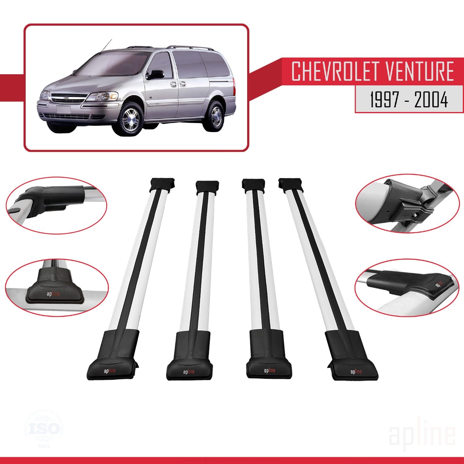 Compatible avec Chevrolet Venture 1997-2004 FLY Model Barres de Toit Railing Porte-Bagages de Voiture Gris Aluminium 4 Barres